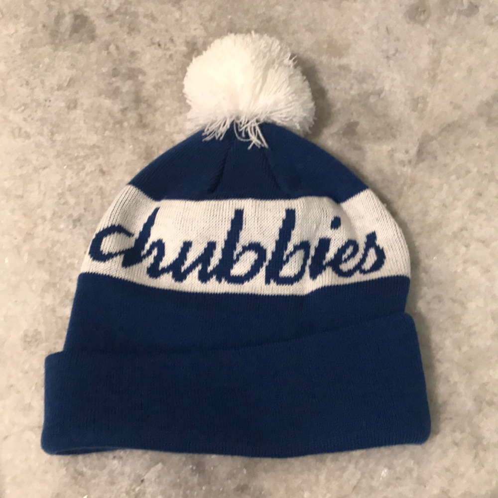 Chubbies Puff Ball Beanie Blue White Toboggan Winter Snow Skiing Festival Boho